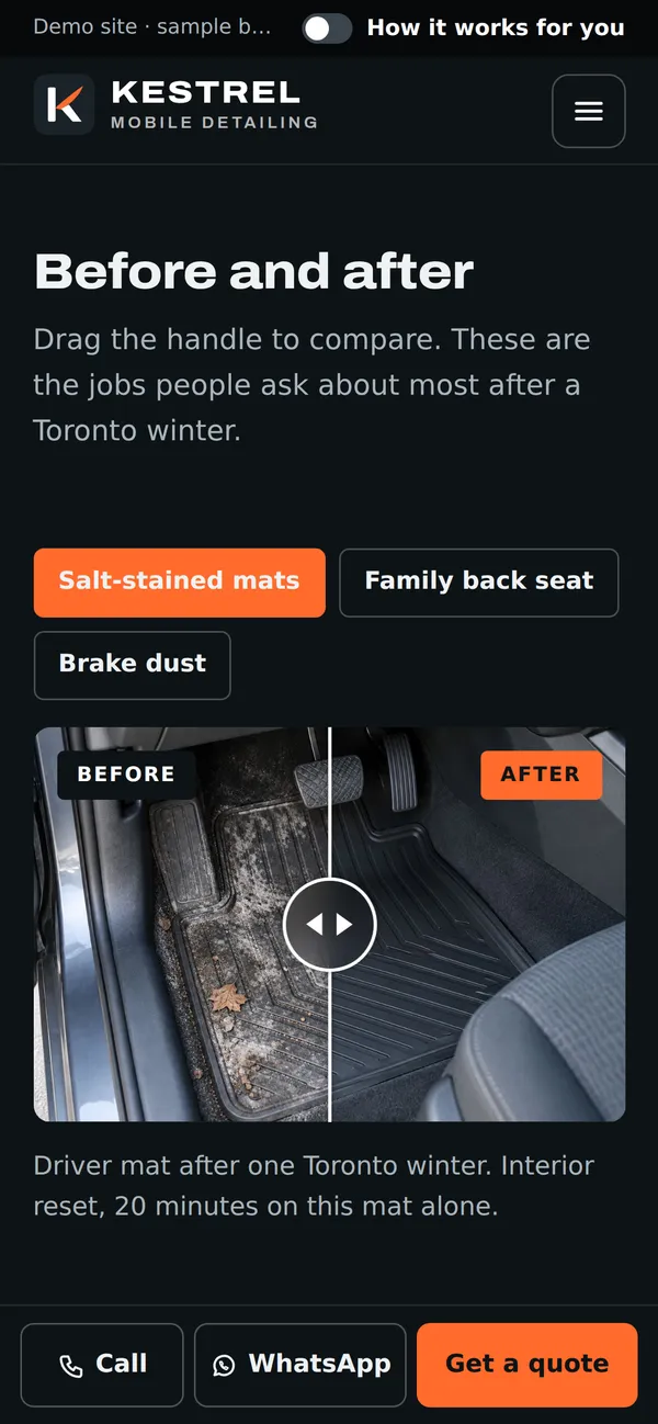 Demo before and after slider of a salt-stained floor mat.