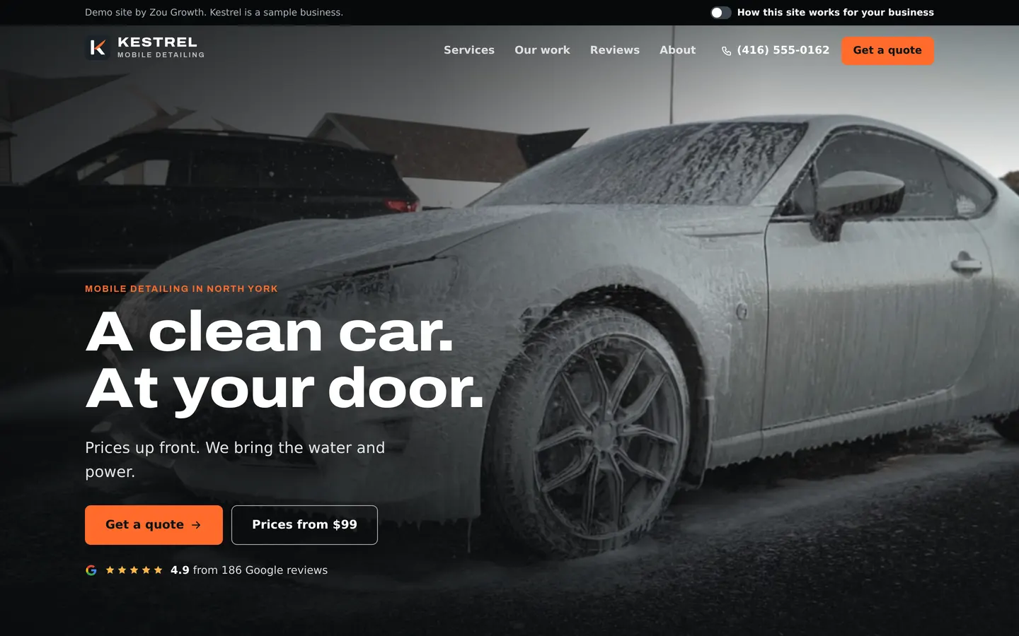 Desktop view of the Kestrel demo site: a foam-covered car and the headline A clean car. At your door.