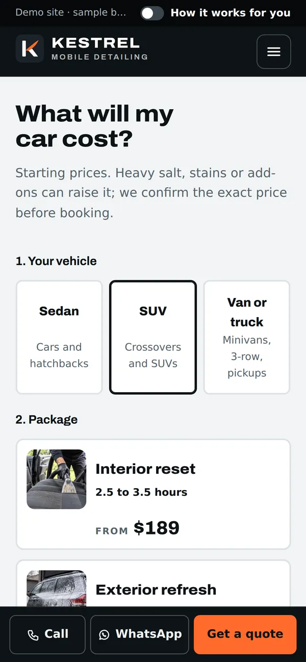 Demo price finder: vehicle size choices and packages with prices.