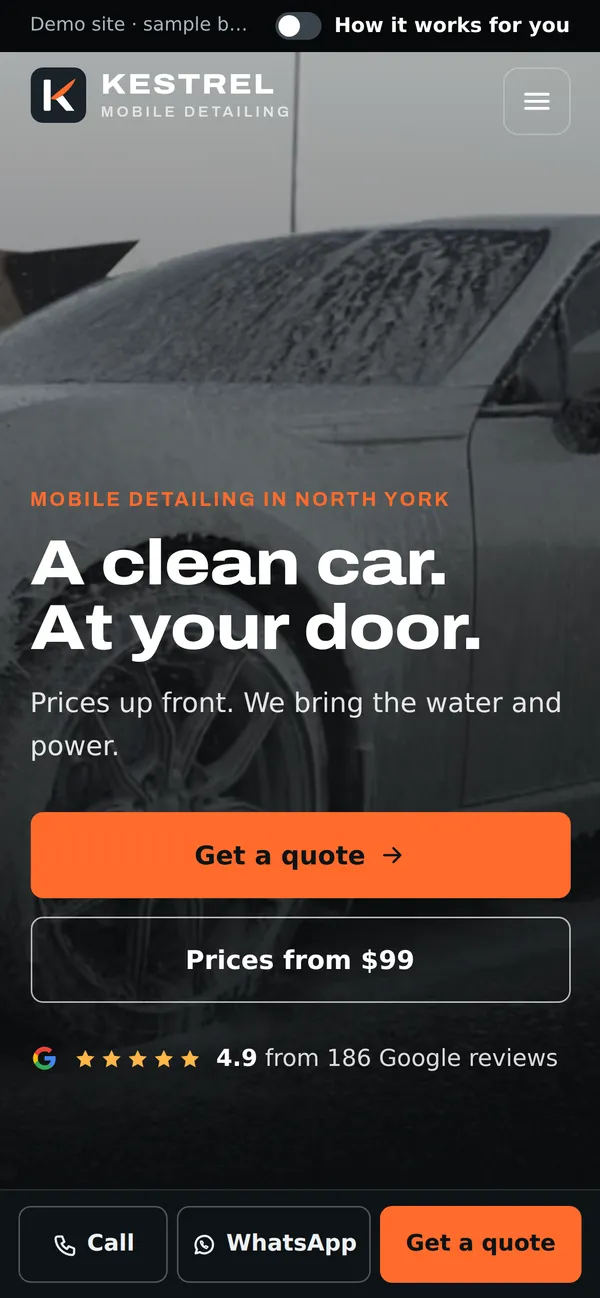 The same demo site on a phone, with Call, WhatsApp and Get a quote buttons along the bottom.