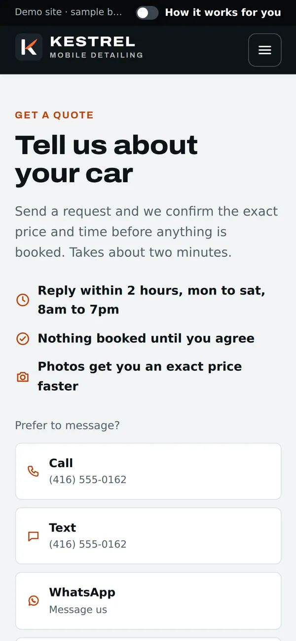 Demo quote page with call, text and WhatsApp options.